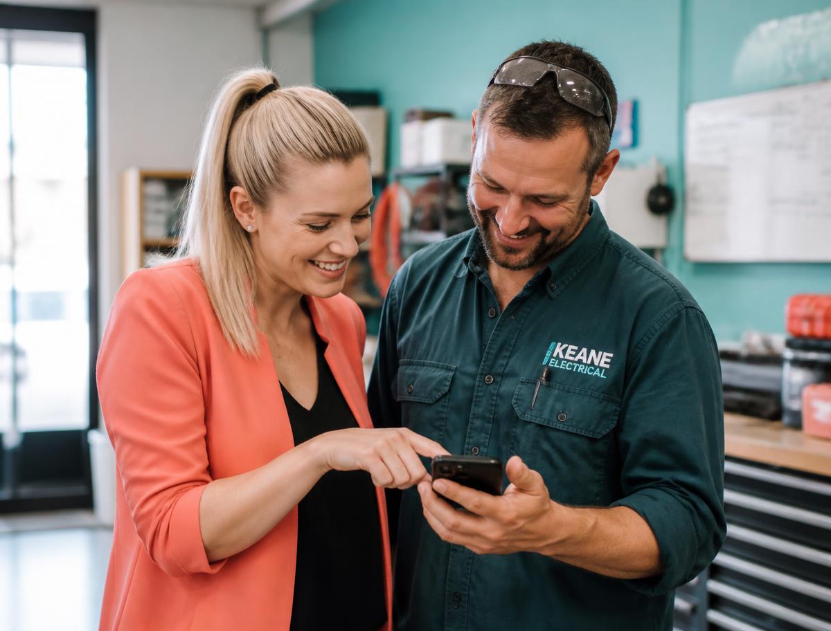 Two colleagues smiling at a published post on a phone